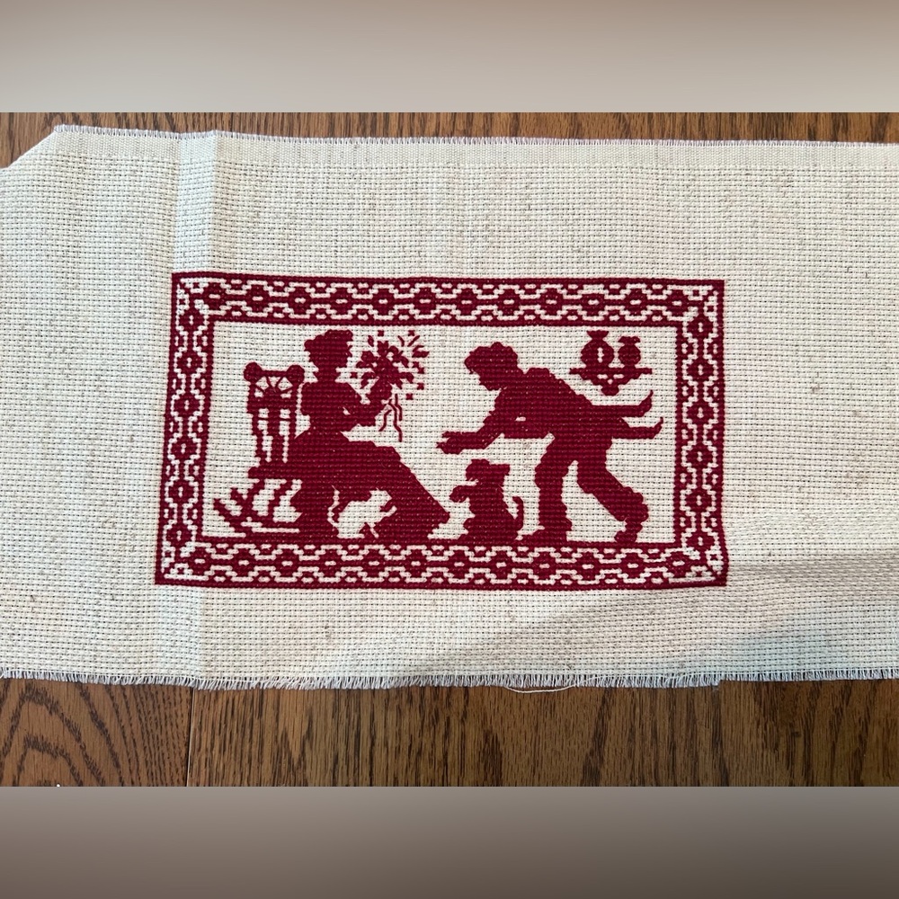 Handmade Cross-Stitch Table Runner in Red and Cream Vintage Red Work
